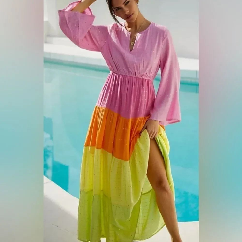 Anthropologie PQ Tiered Colorblock Long-Sleeve Dress Size M/L